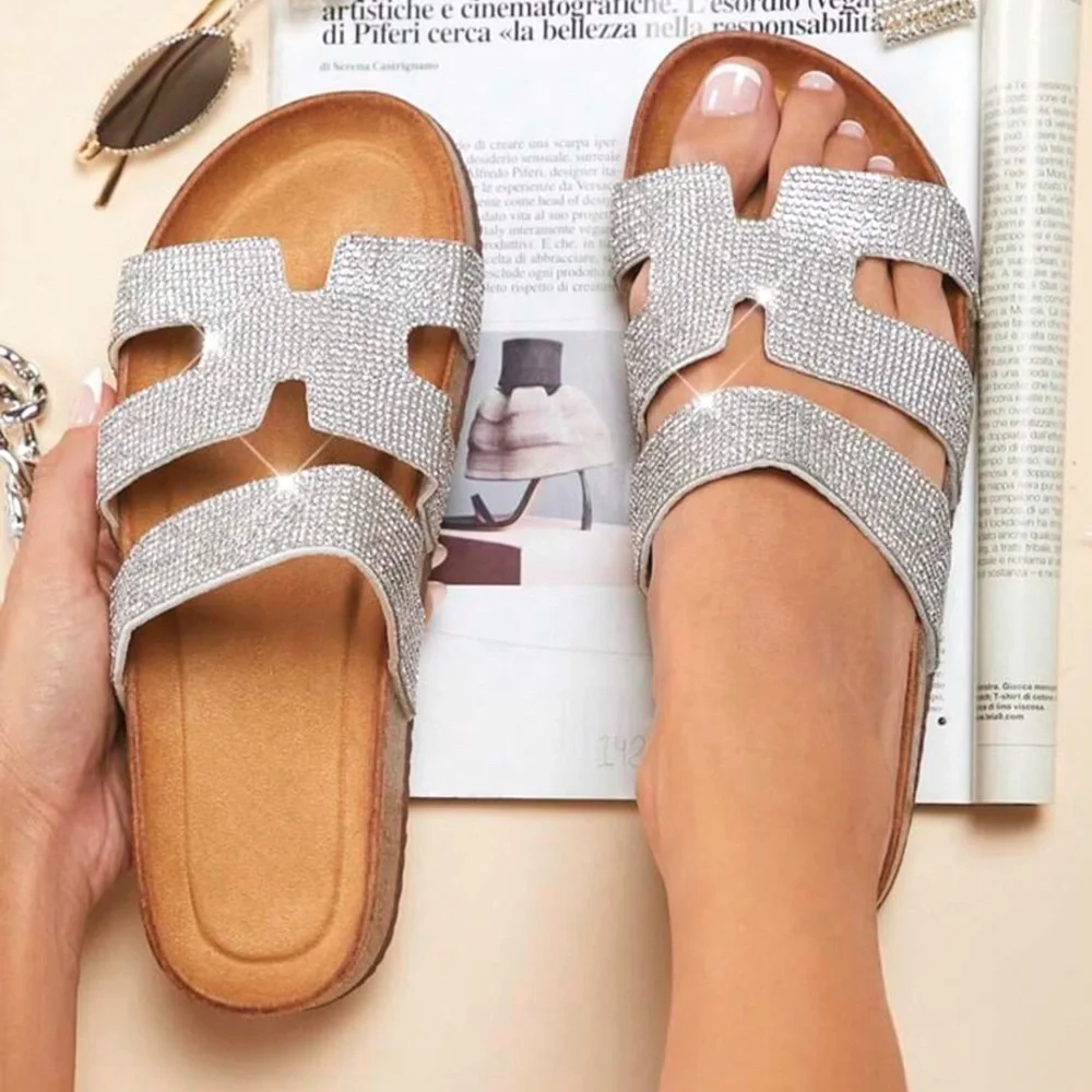 Silver Slide Flat Sandals with Rhinestones - Picture 4 of 5